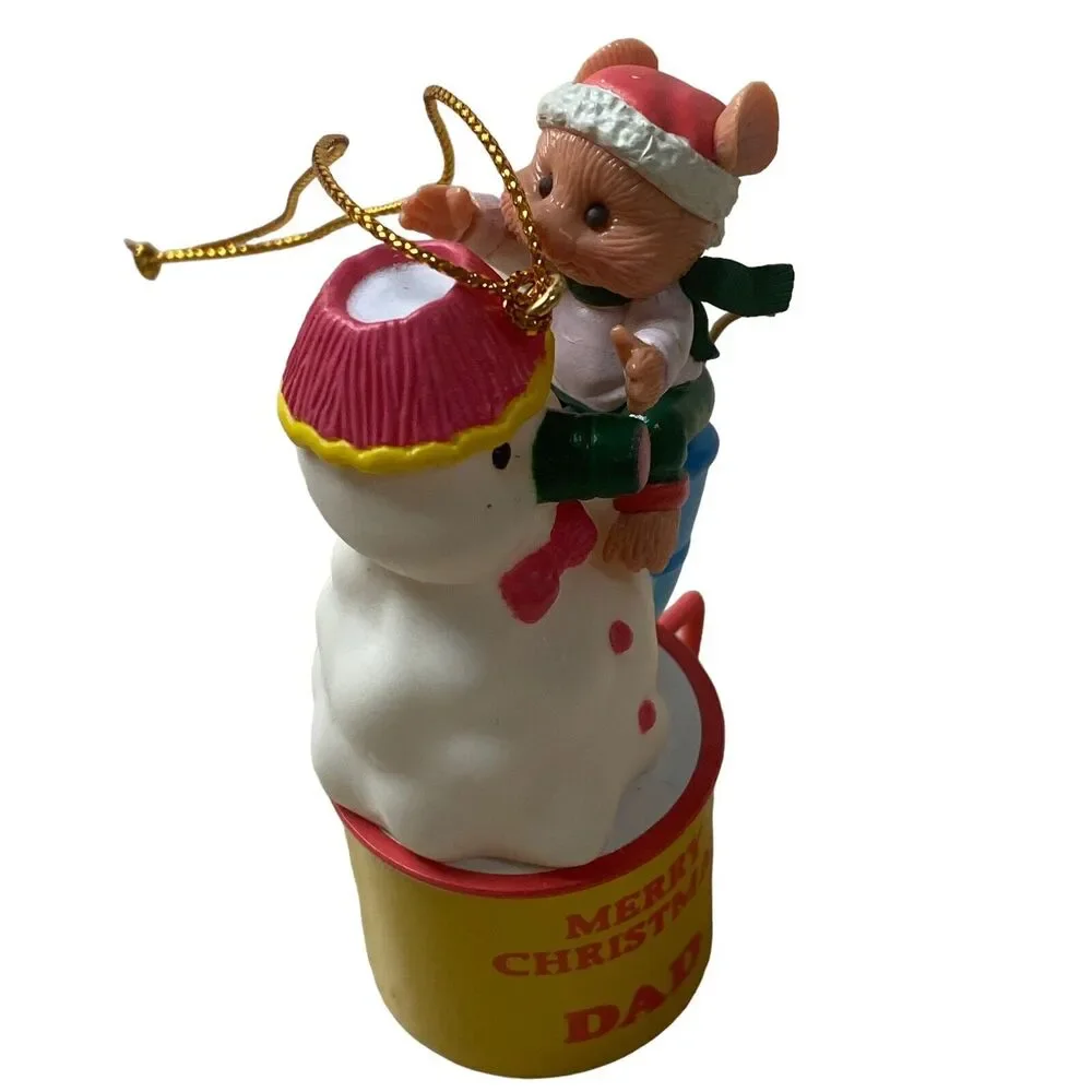 Vintage Trevco Snowman Ornament Climbing Mouse Miniature Merry Christmas Dad Cup